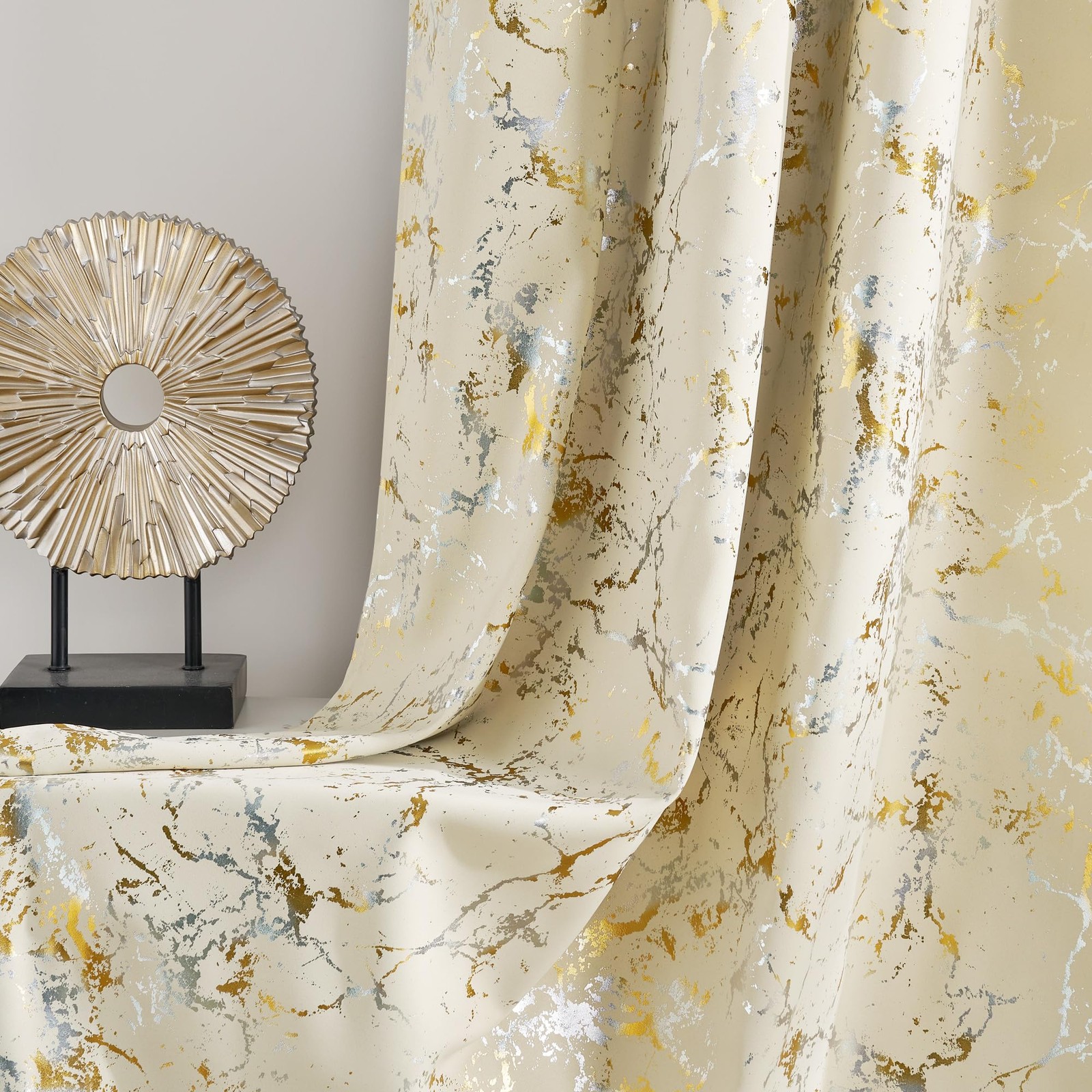 100% Blackout Silver and Gold Patterned Curtains for Living Room Bedroom Beig…