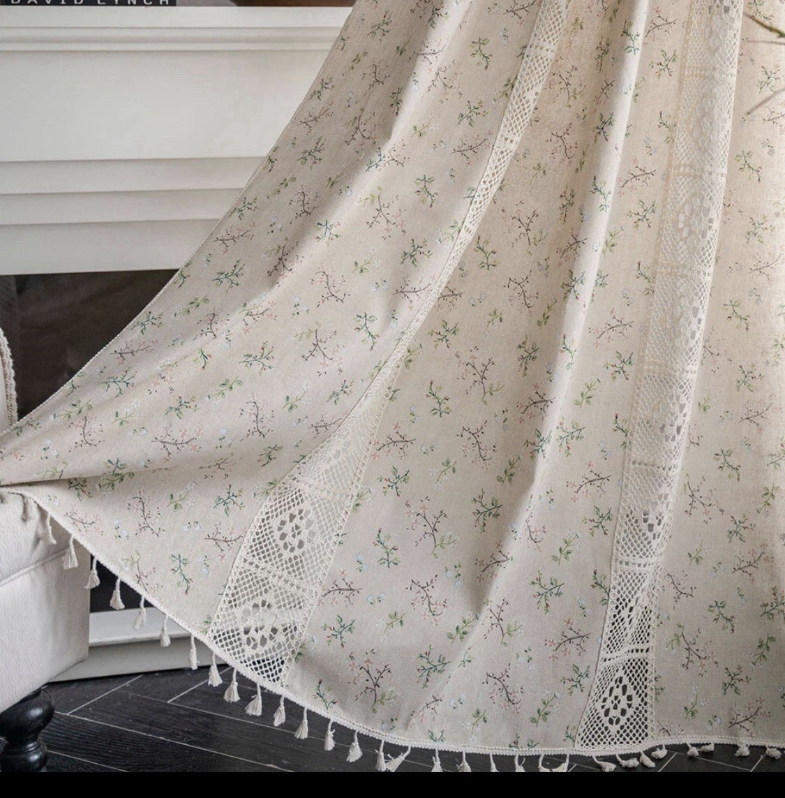 Linen Crochet floral Curtain Panel cream Boho pattern 52” x 64” tassel farmhouse
