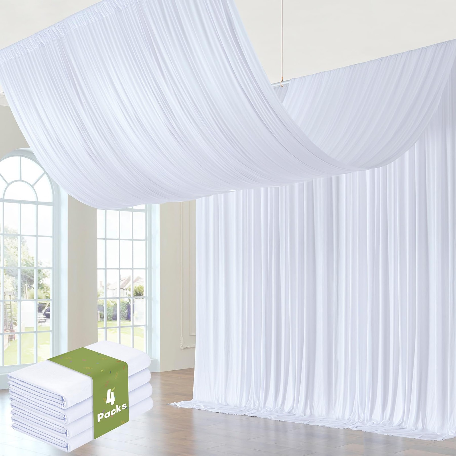 Htper 4 Panels 5X20Ft White Ceiling Drapes Wedding Parties Wrinkle 20Ft Long