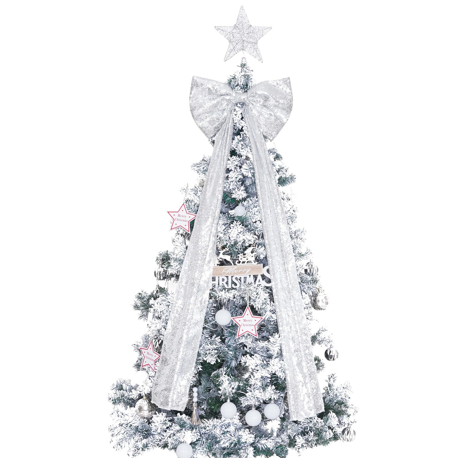 Christmas Tree Topper Bow Decor Giant Silver Sequin 16×47 Inch Ribbon Tie