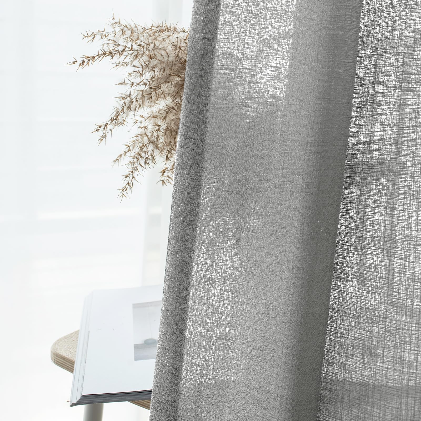 Gray Semi Sheer Curtains 84 Inches Long for Living Room, Bedroom Linen Look W…