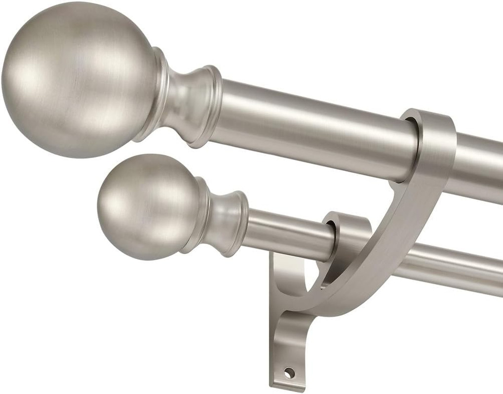 Brushed Nickel Double Curtain Rods – Adjustable 144-164 Inch Rods with round Fin