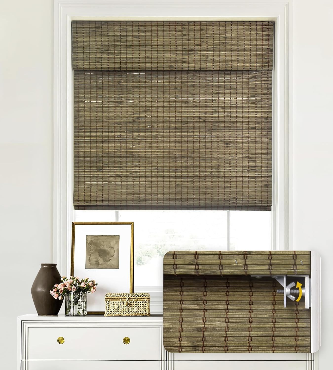 LazBlinds No Tool Cordless Bamboo Roman Shades 34″ W x 64″ H