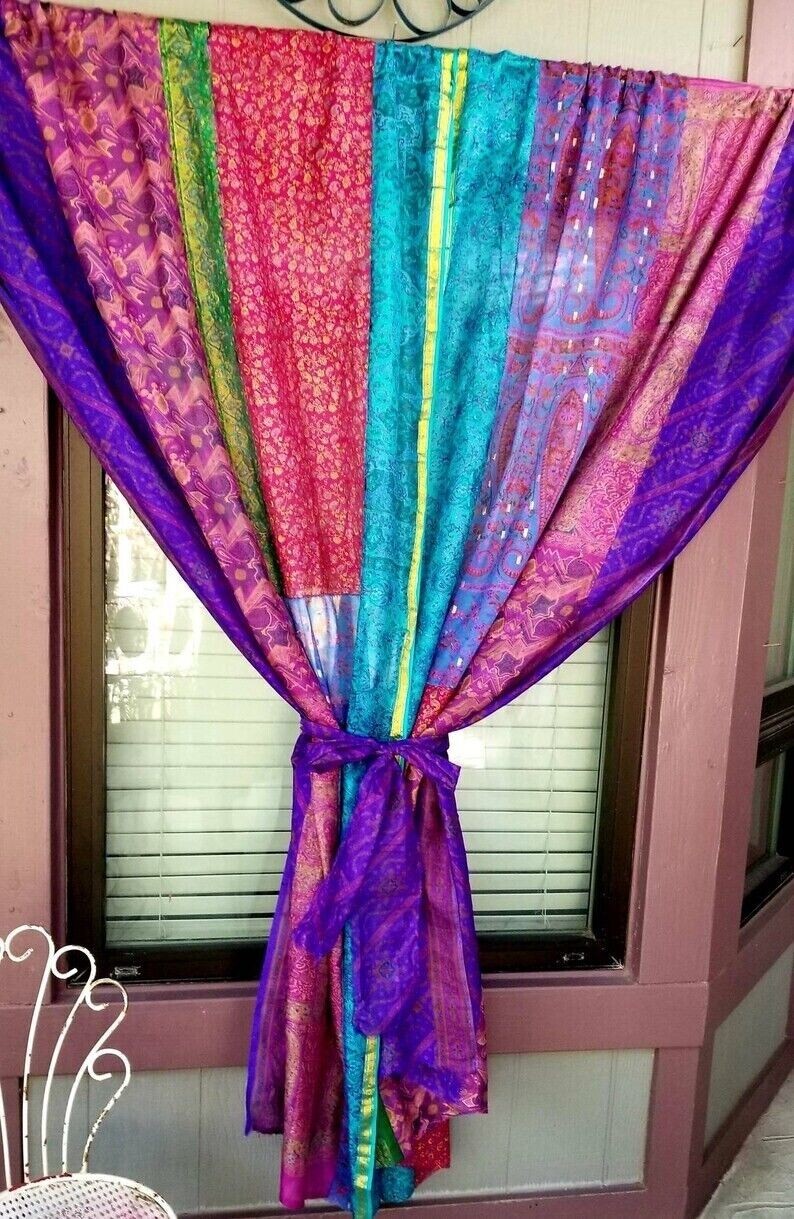 2 Pcs Indian Sari Patchwork Curtain Drape Window Decor Multi Silk Sari Curtain