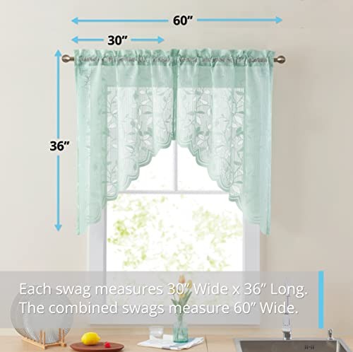 Joyce Semi Sheer Kitchen Swag Curtain 30″W x 36″L (Pack of 2) Seafoam Green