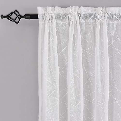 Sheer Curtains 45 Inch Length, Modern Geometric Embroidery 52″Wx45″L White
