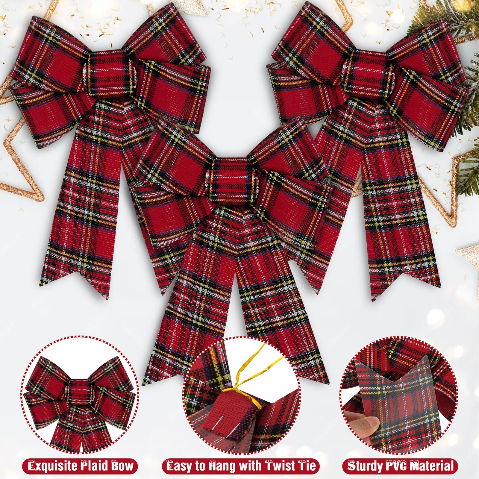6 PCS Christmas Tree Decor, 9 x 12 Inch Large Christmas Bows, Buffalo Plaid W…