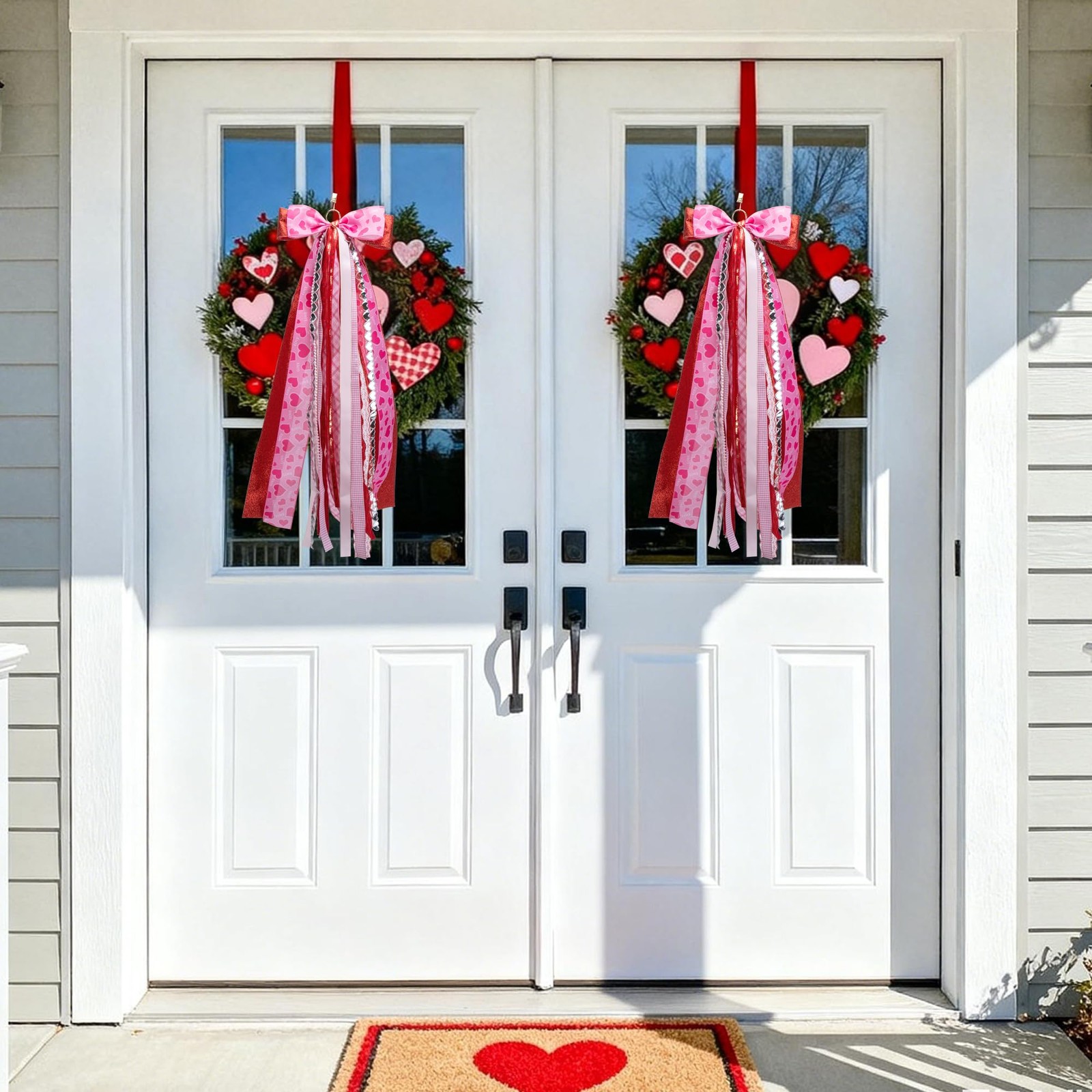 2 PCS Valentine Assorted Ribbon Bow Wreath 30×20 Inch Large Pink Sash Door