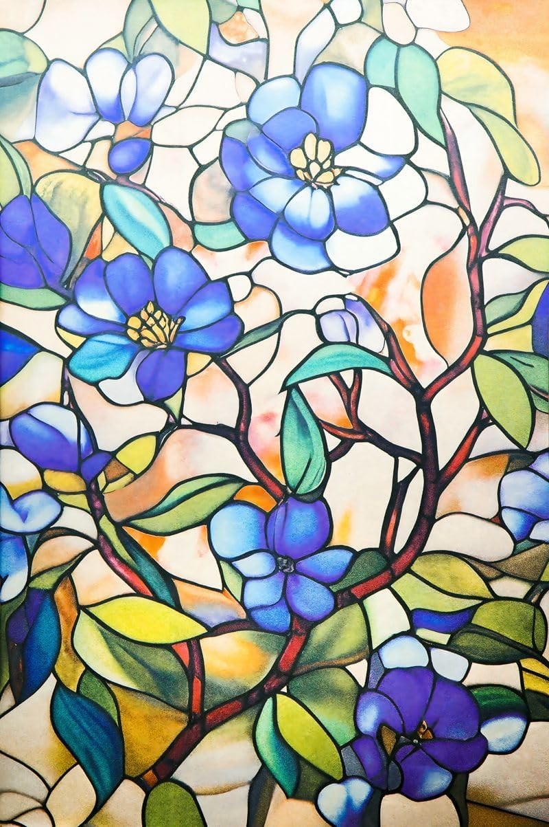Window Privacy Film – Stained Glass Style Floral Window Clings for Home Decor, U