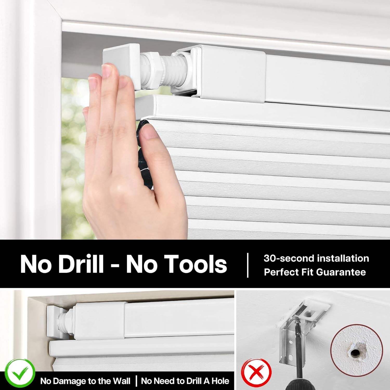 Lazblinds No Drill TDBU Cellular Shades, 45″ W x 72″ H, White | Blackout