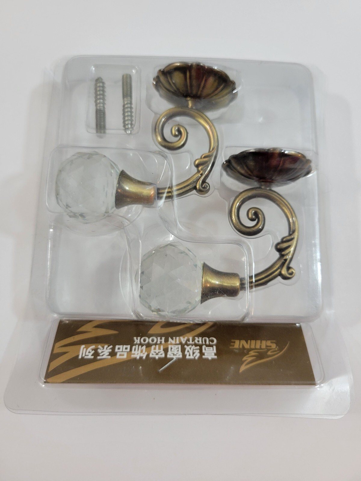 2 Pk Curtain Holdbacks Clear Acrylic Knobs Antique Brushed Brass Metal Small 3″
