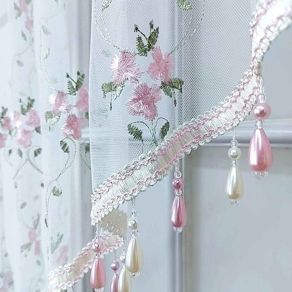 1PC Victorian Style Floral Sheer Swag Curtain Valance for Arched Door,Pink Embro