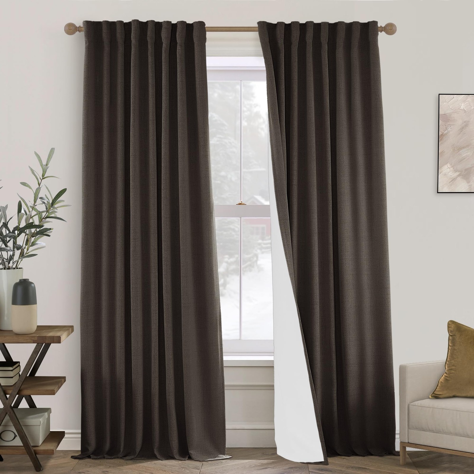 PANELSBURG Dark Brown Linen Blackout Curtains 96″ Long (2 Panels) w/ Back Tabs