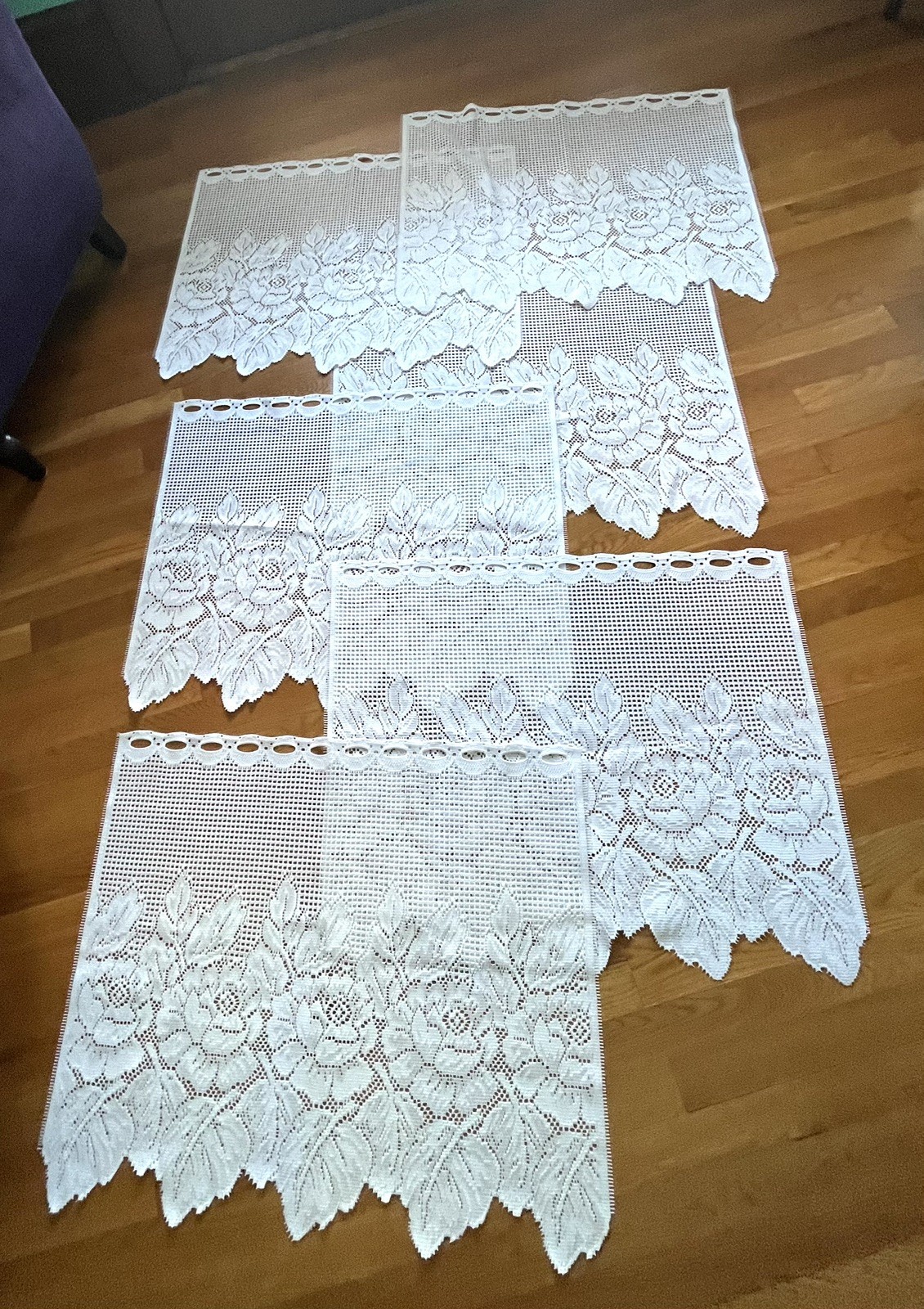 6 Vintage White Floral Lace Café Curtains 30″ wide X 24″ long Each