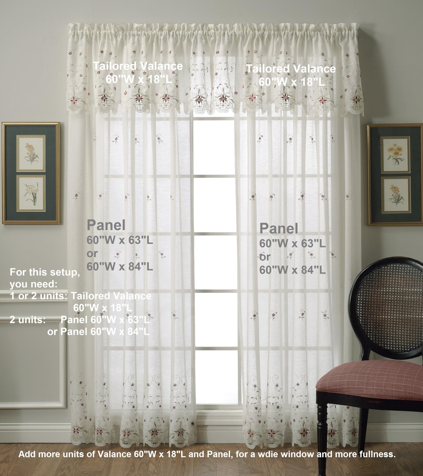 , Sunshine Semi Sheer Embroidery Panel 84″, Ecru/Burgundy, 60″ W x 84″ L