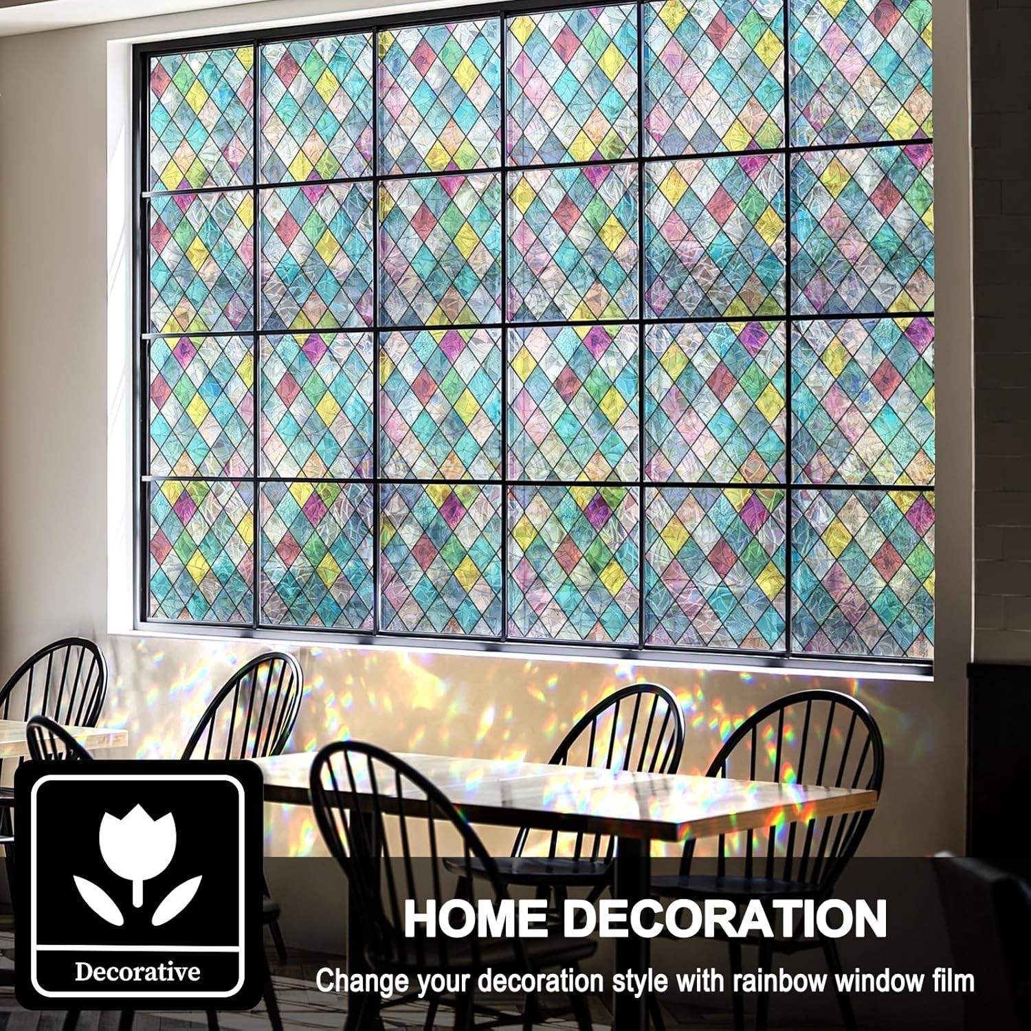 Colorful Lattice Window Tint: UV-Blocking Stained Glass Film 17.3 x 78.7 inches