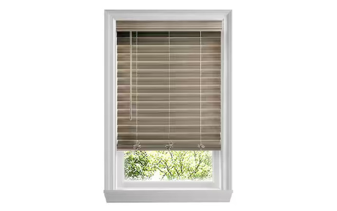 Driftwood Gray Cordless Premium Faux Wood Blinds 2.5in 58.5×48 size actual size