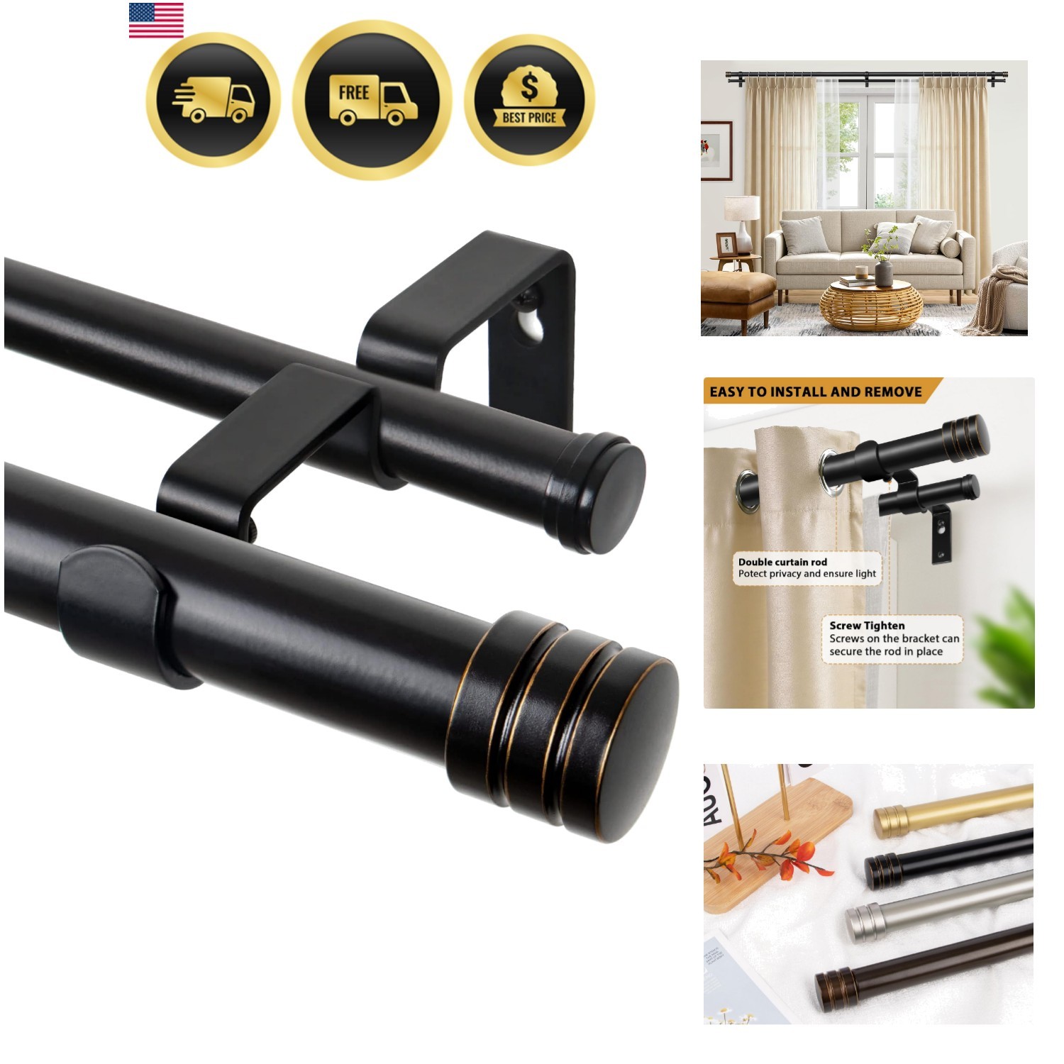 1 Inch Double Curtain Rods for Windows 66 to 120 Inches, Heavy Duty Decorativ…