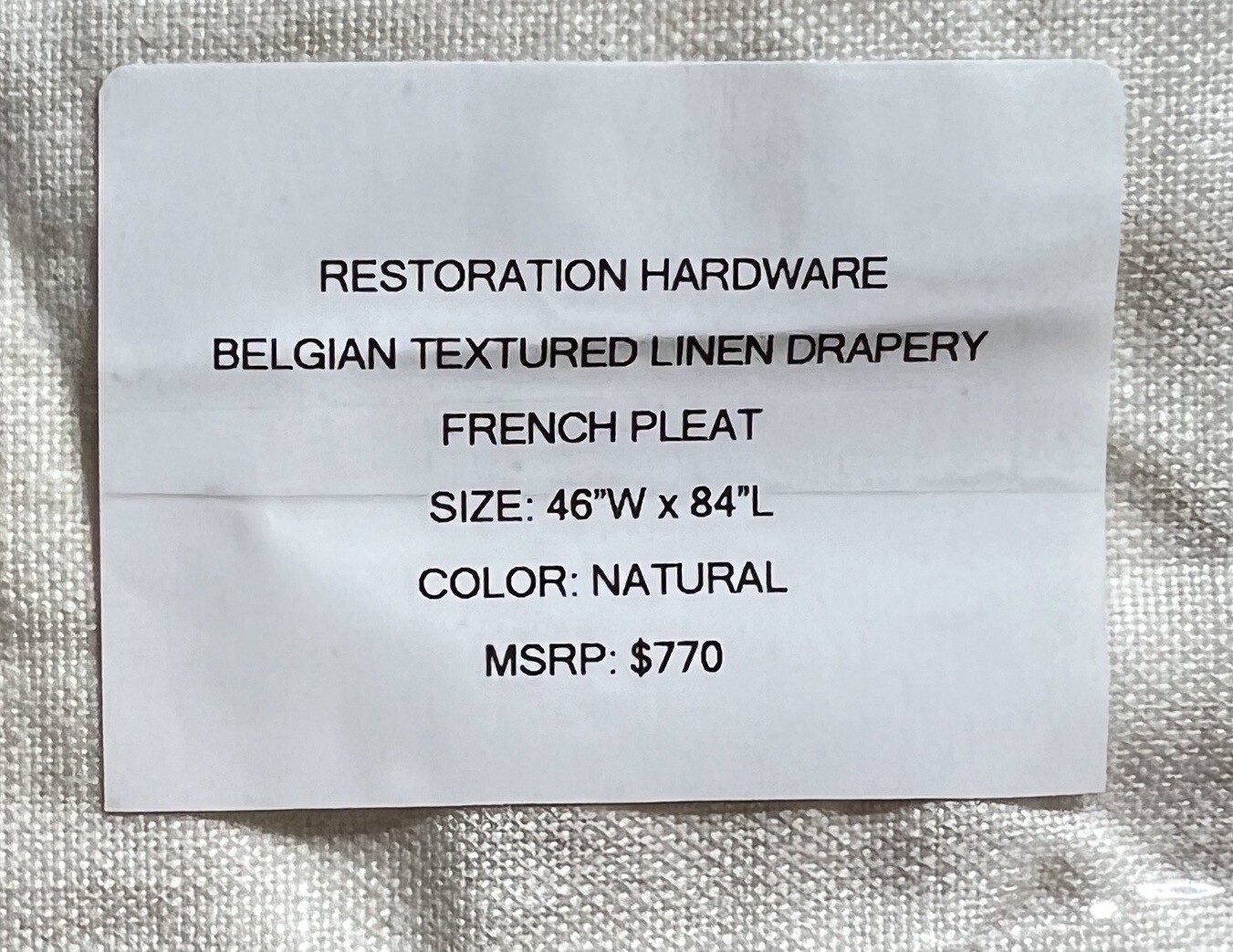 Restoration Hardware Textured Belgian Linen Drapery FP 46″ x 84″ Natural $770
