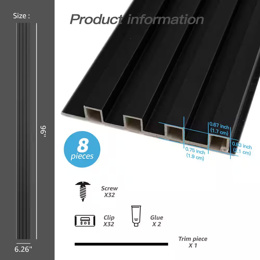 Matte Black 0.83 In. X 1/2 Ft. X 8 Ft. Slat Water Resistant Acoustic Diffuser De