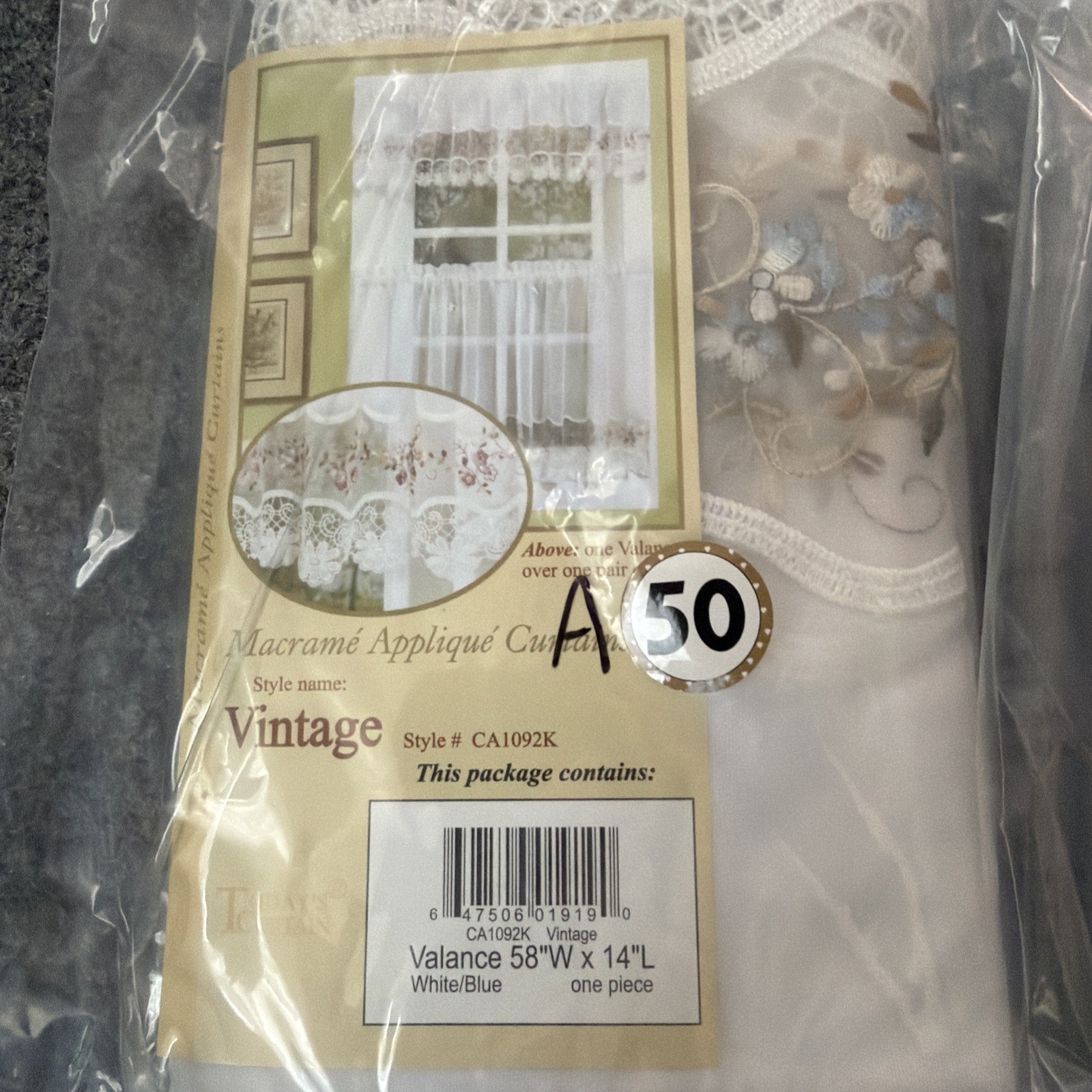 VTG Macrame Organza Valance White/Blue Floral Cottage/Cabin Core 58″W x 14″L NIP