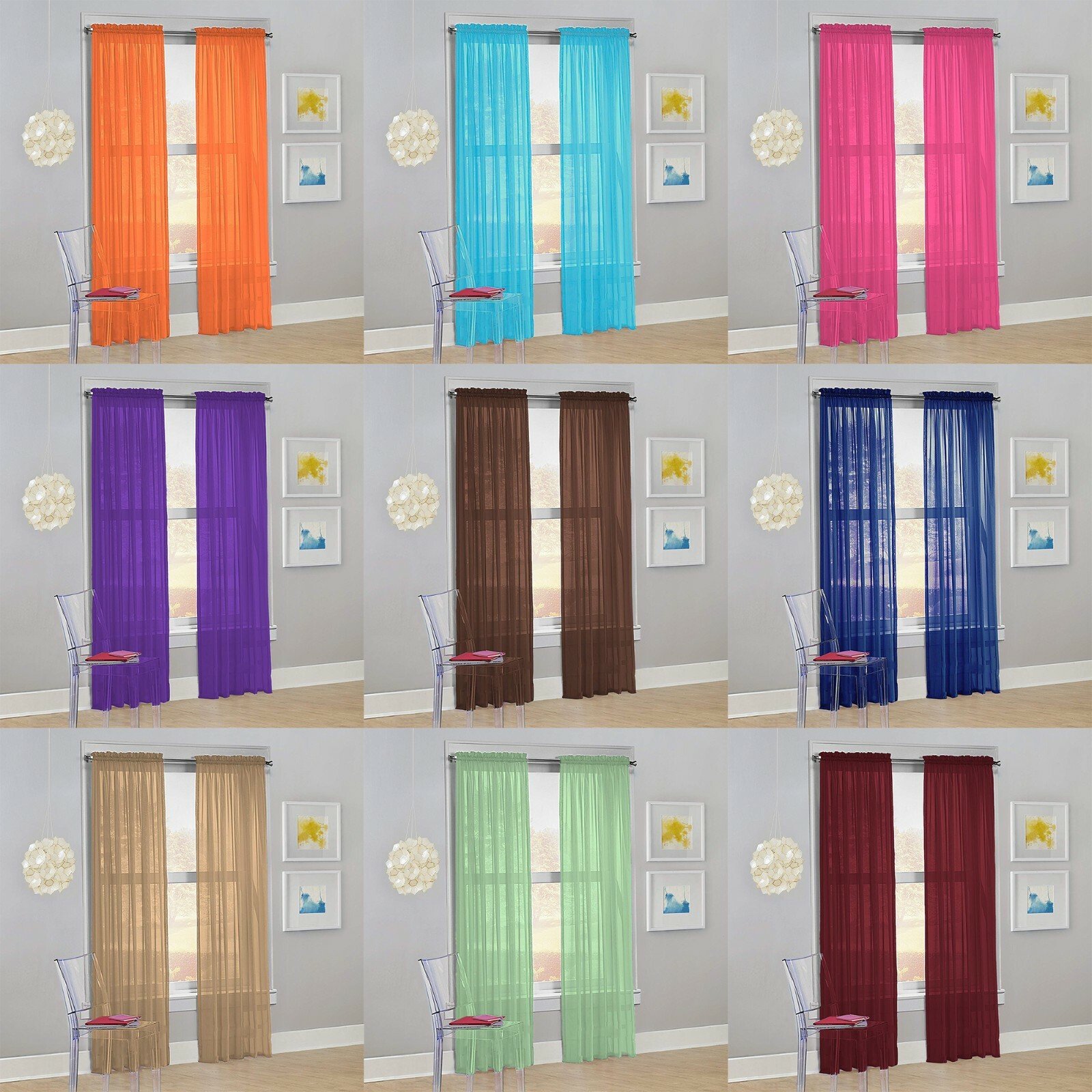 Decotex Set of 2 Sheer Voile Transparent Window Treatment Curtain Panel Drapes