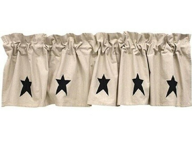NEW BEIGE w/ BLACK Appliqued STAR BURLAP Curtain Window Valance STARS 16″ x 72″