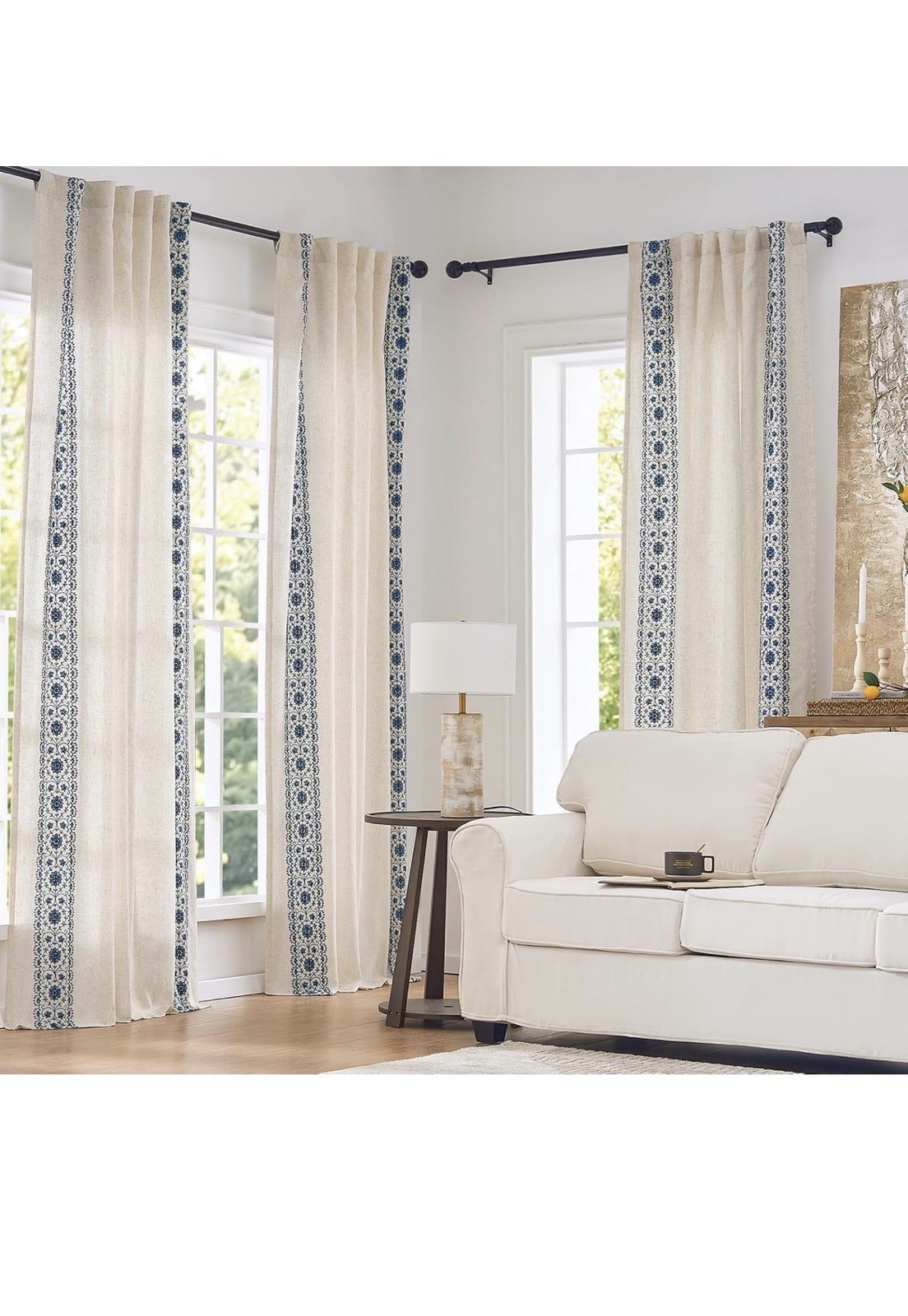 Floral Linen Curtains w Lining Back Tab 50x84in 2 Panels Blue Light filtering