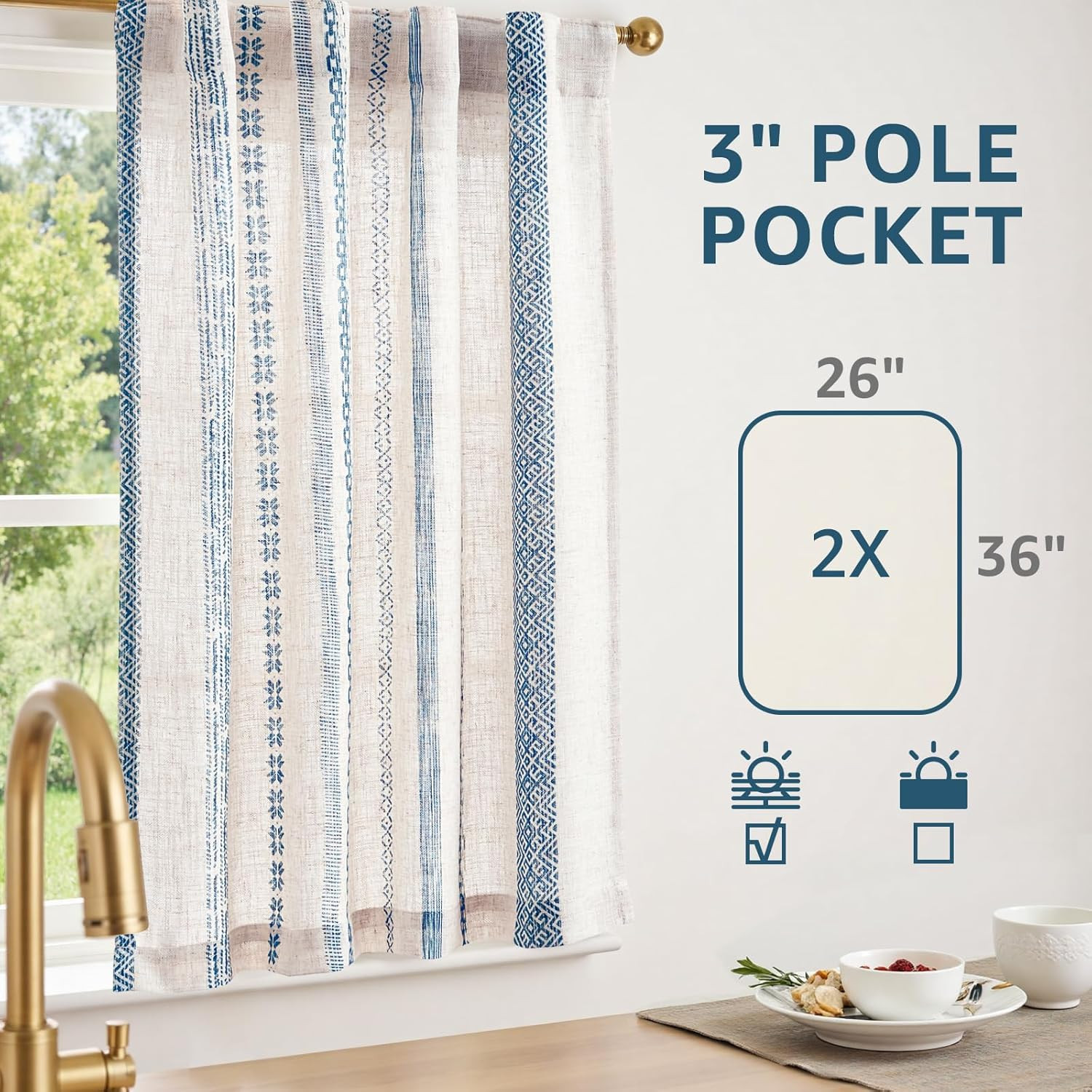 Boho Kitchen Curtains 36 Inch Linen Tier Curtains with Geometric Pattern Bohemia