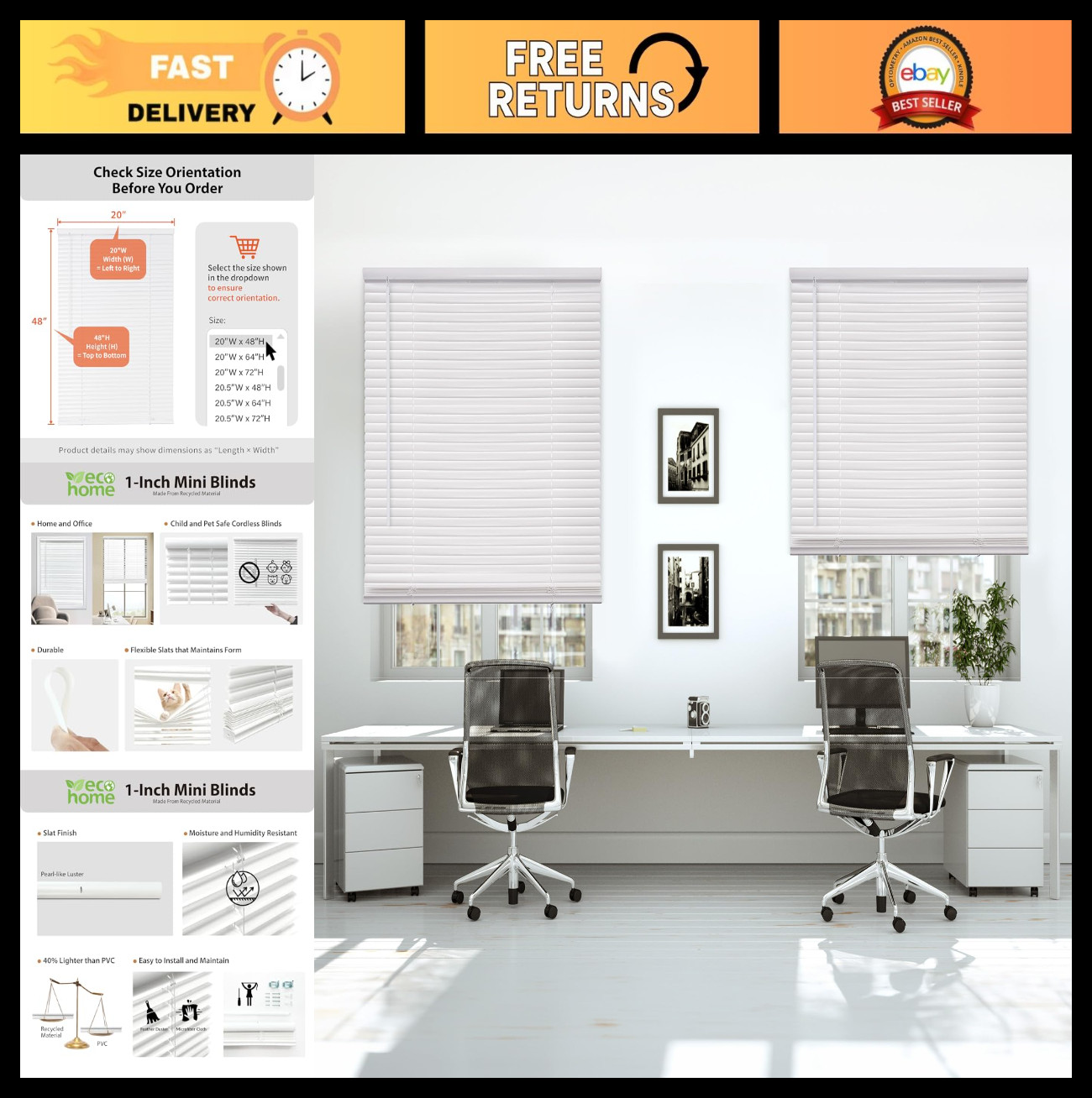 Cordless 1″ Mini Blinds, Flexible Slats, 46″W x 72″H, Pearl White Window Coverin