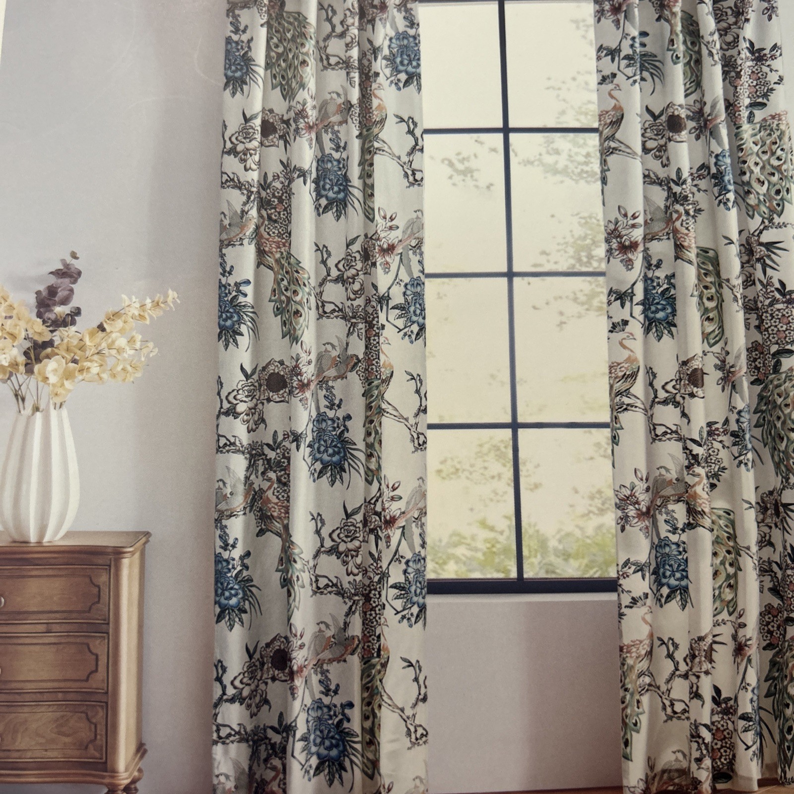 Callisto Home PEACOCK FLORAL 2 Panels Window Curtains 38×96 ~ LIGHT BLUSH Cream