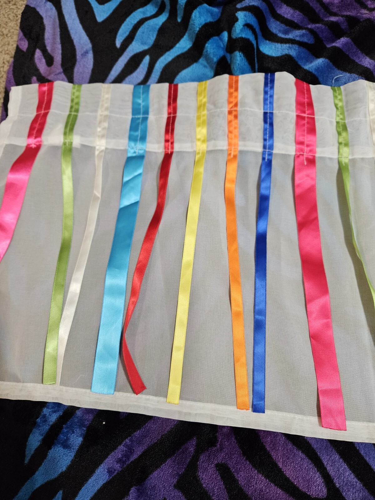 UNBRANDED, WHITE/MULTI-COLORED POLYESTER SATIN HANGING RIBBONS VALANCE 60″ WIDE