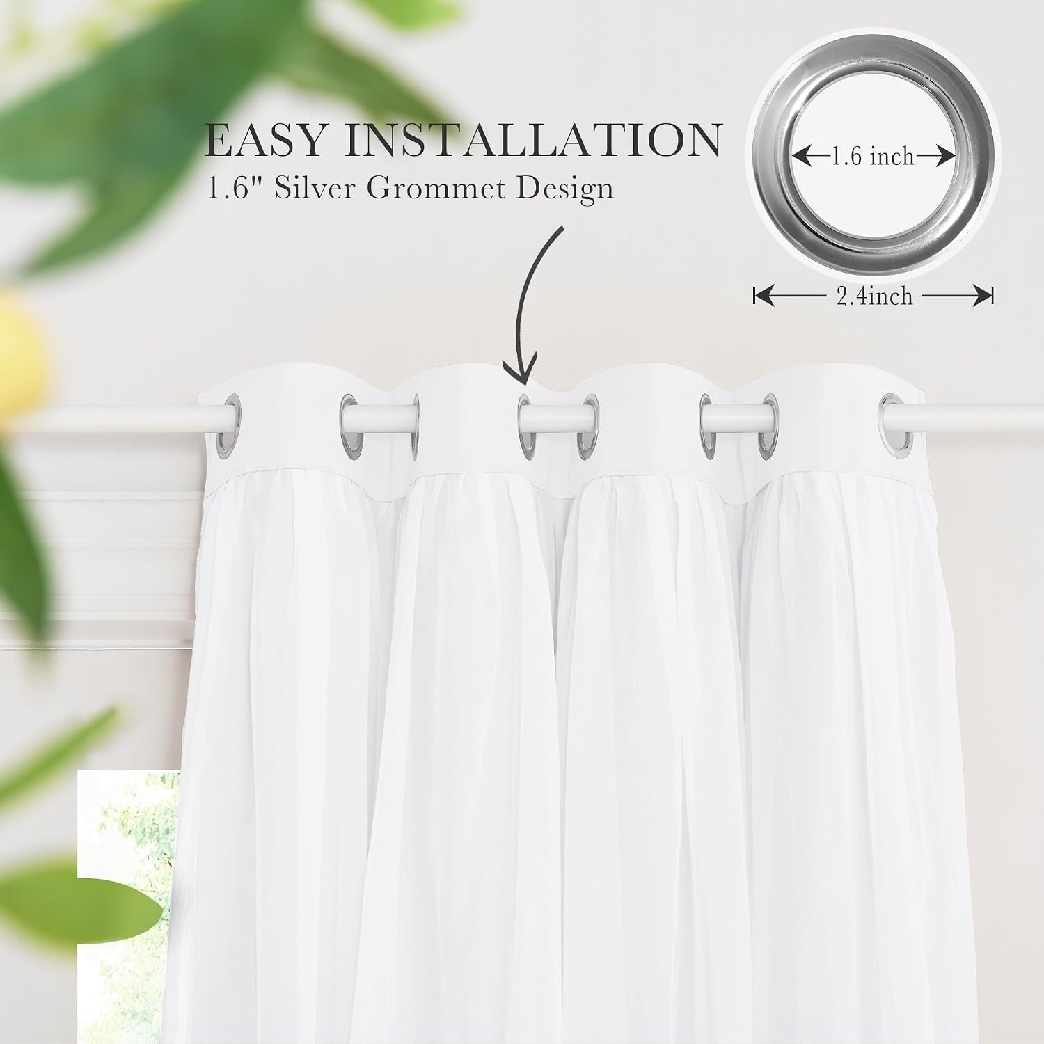 Pure White Blackout Curtains 52×84″ 2pc Sheer Overlay Romantic Grommet Drapes
