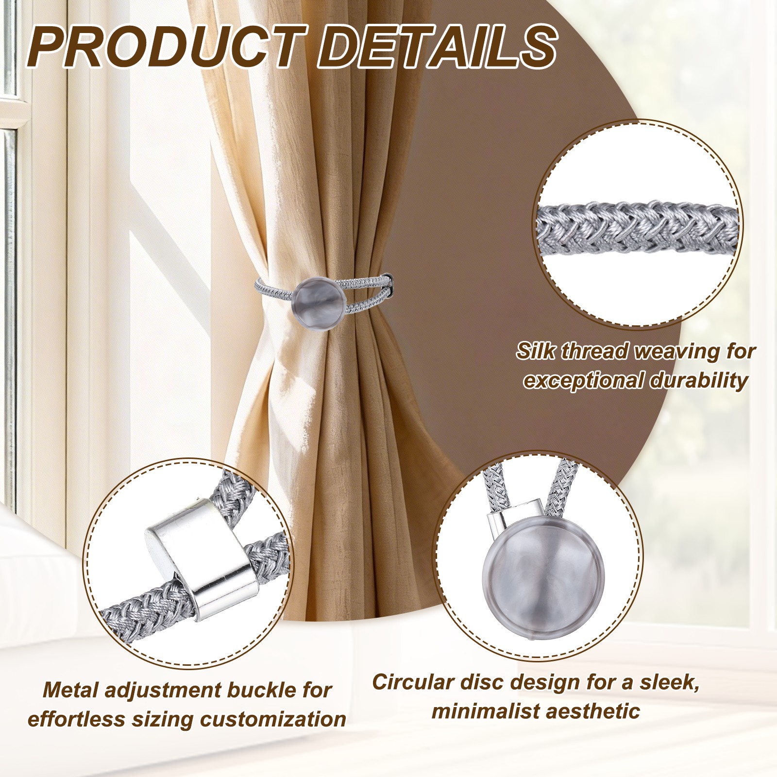 2 Pack Curtain Holdbacks with Buckle Rope Curtain Tiebacks Silver Gray