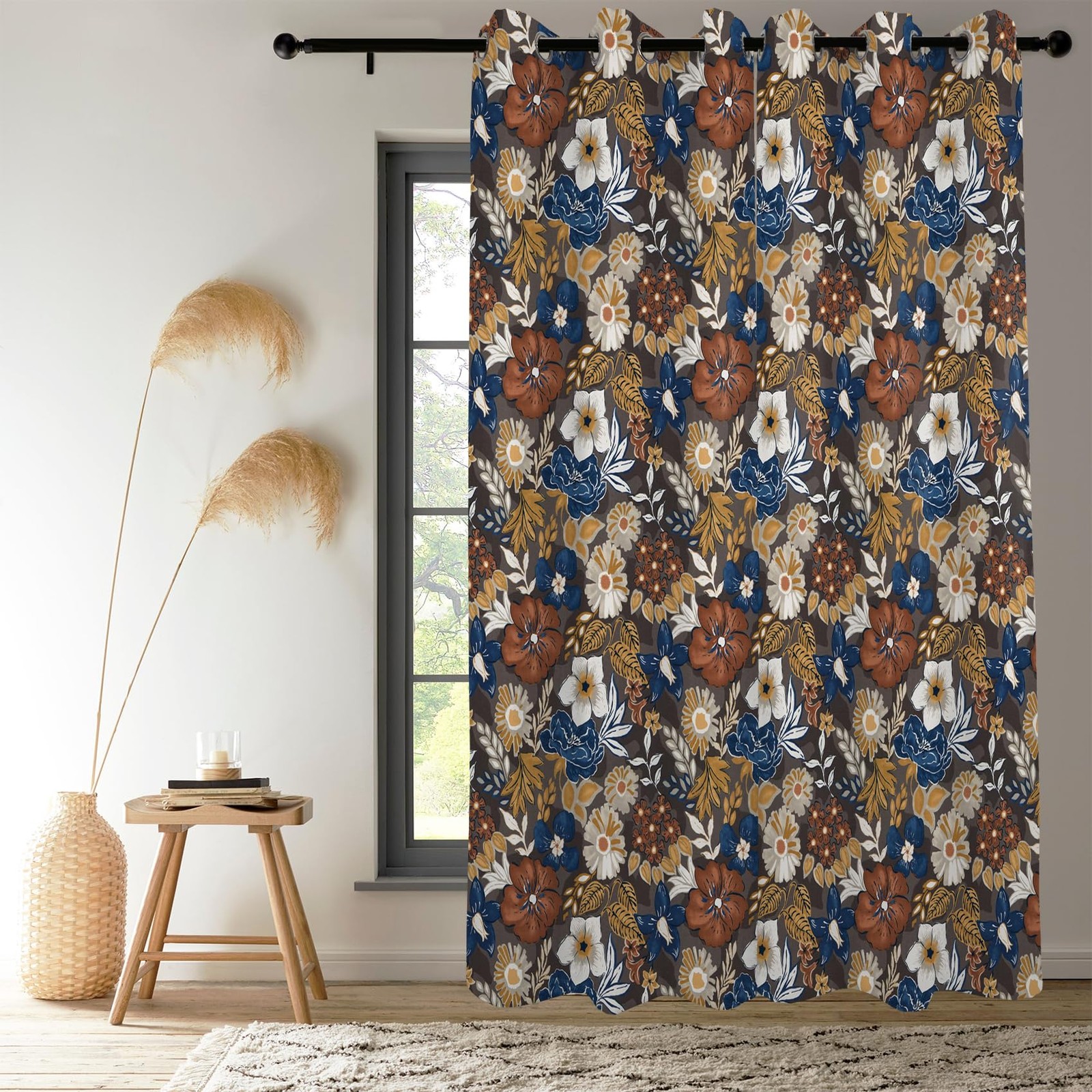 Renaiss Bohemian Floral Blackout Curtains Blue Brown White Flower Thermal