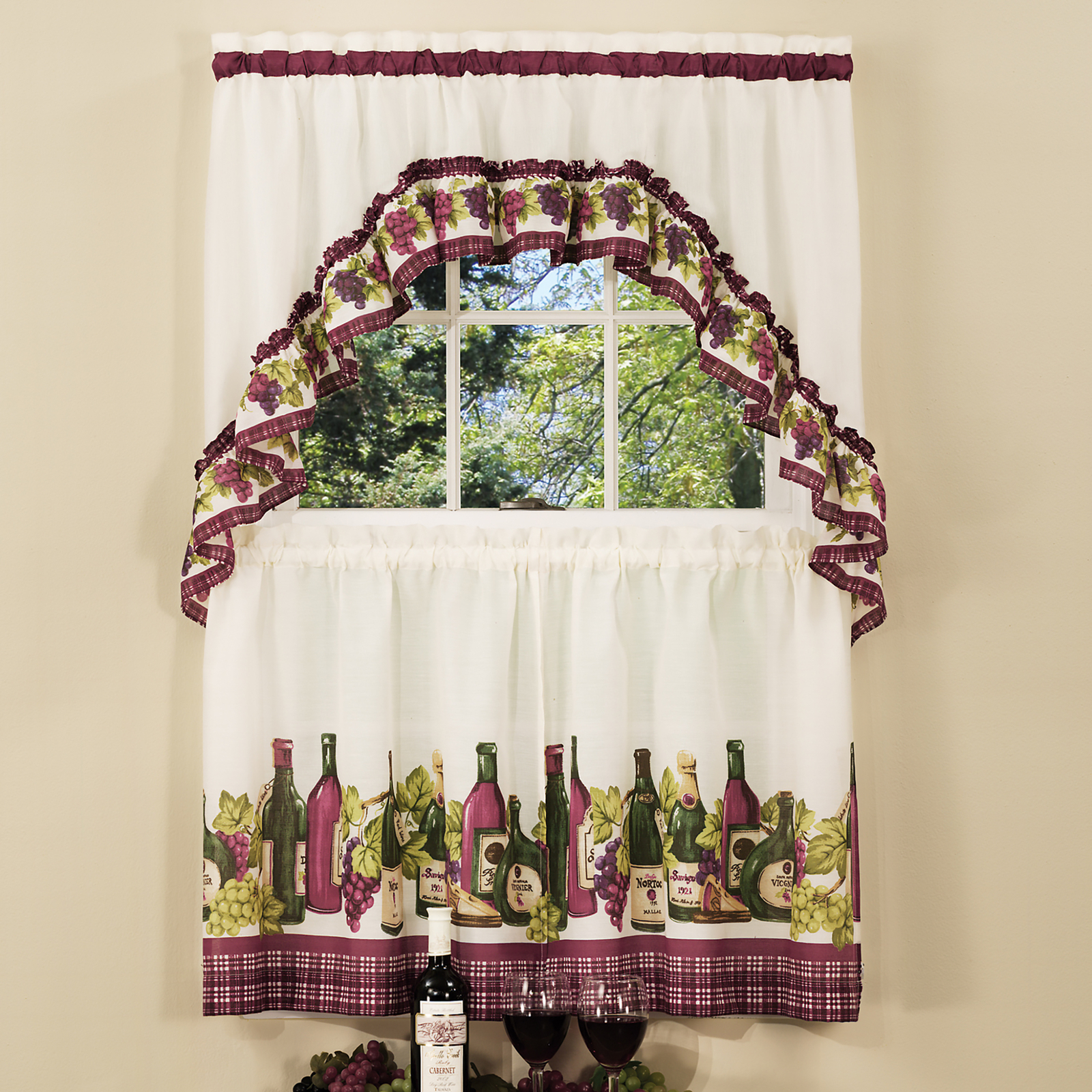 3-Piece Window Kitchen Curtain Set, Wine and Cheese, Tier Pair Panels + Top Swag