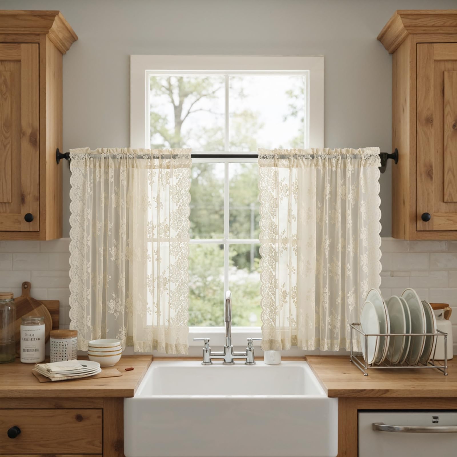 Beige Lace Curtains 30 Inch Length 2 Panels Set, Country Rustic Floral Vintag…