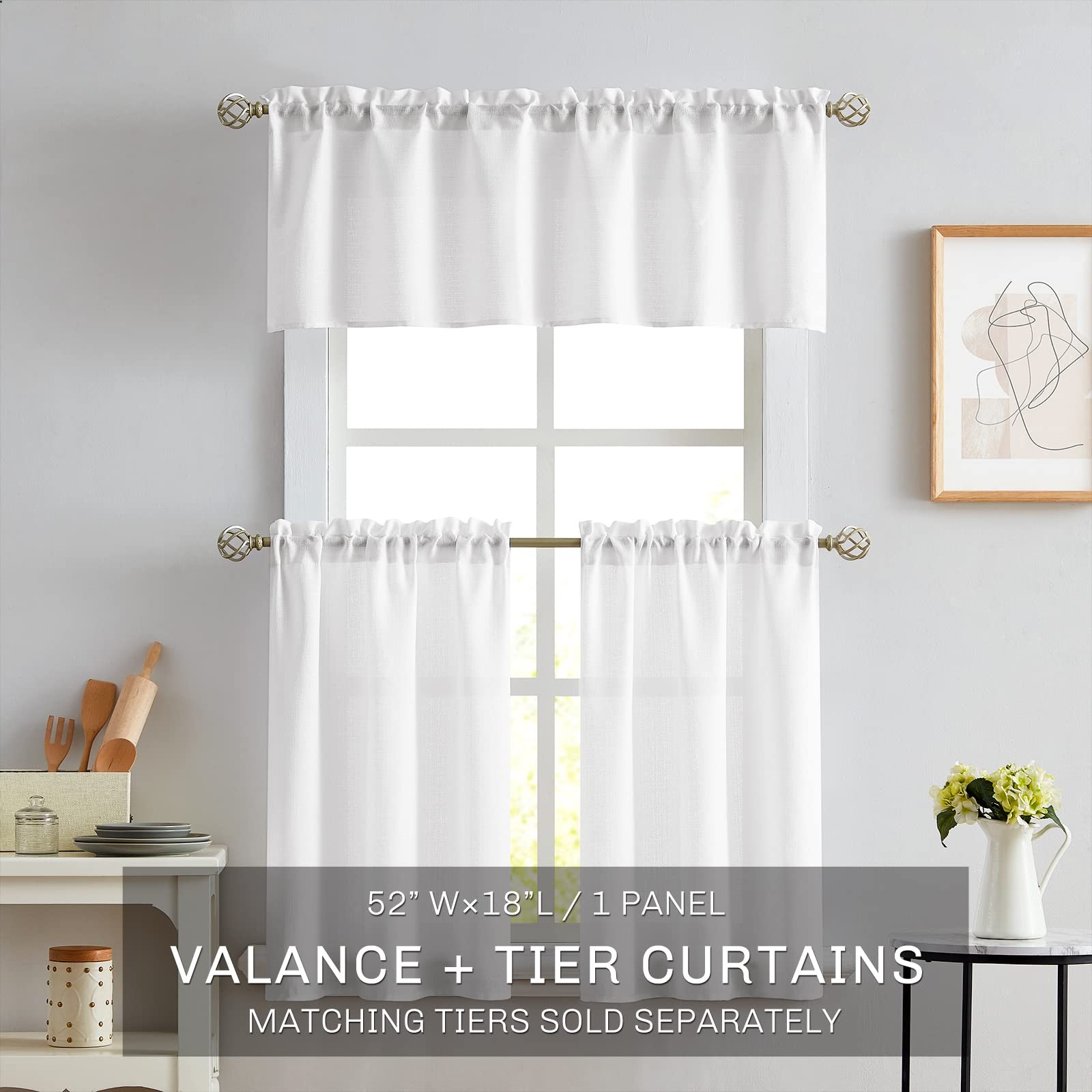 Melodieux White Semi Sheer Curtain Valance for Kitchen Cafe Small Windows Lin…