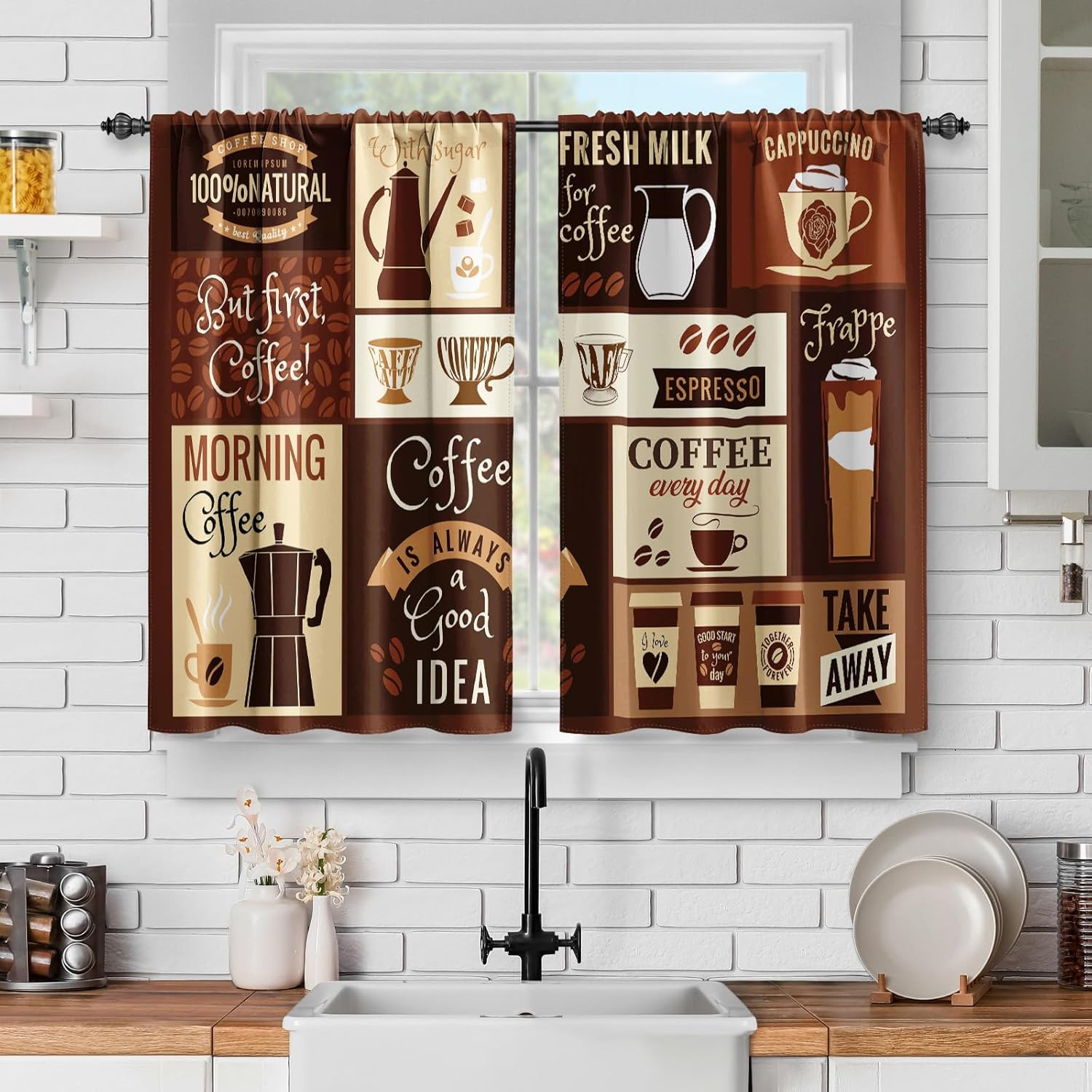 Vintage Coffee Bean Cafe Espresso Brown Kitchen Curtain | 56X36 Inch Rod Pocket