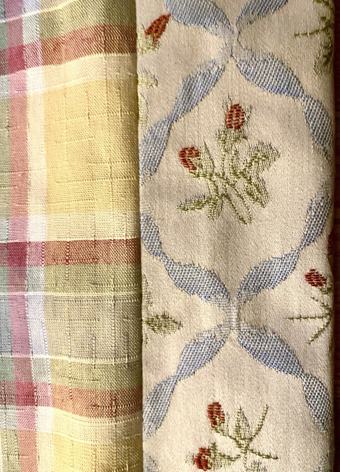 Custom Drapery Panels Yellow Red Blue Farmhouse Plaid Floral Pair + Wood Rings