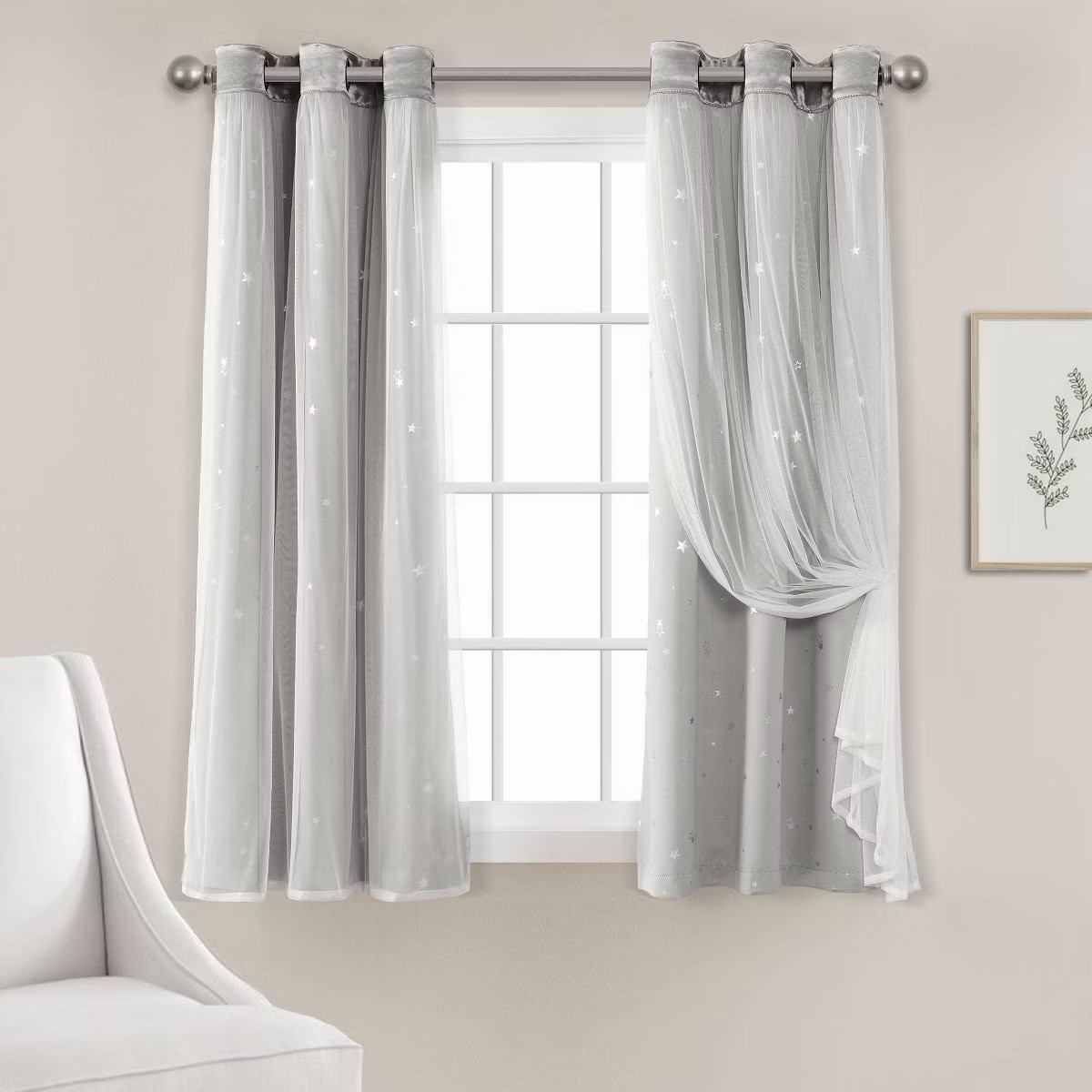 Lush Décor Kids Star Sheer Insulated Blackout Curtain Panel Set 38×63 Light Gray