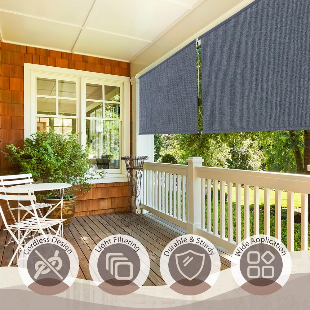 Outdoor Sunshade Roller Shades 48″ W X 72″ H, Cordless Roll up Shade Blinds Priv