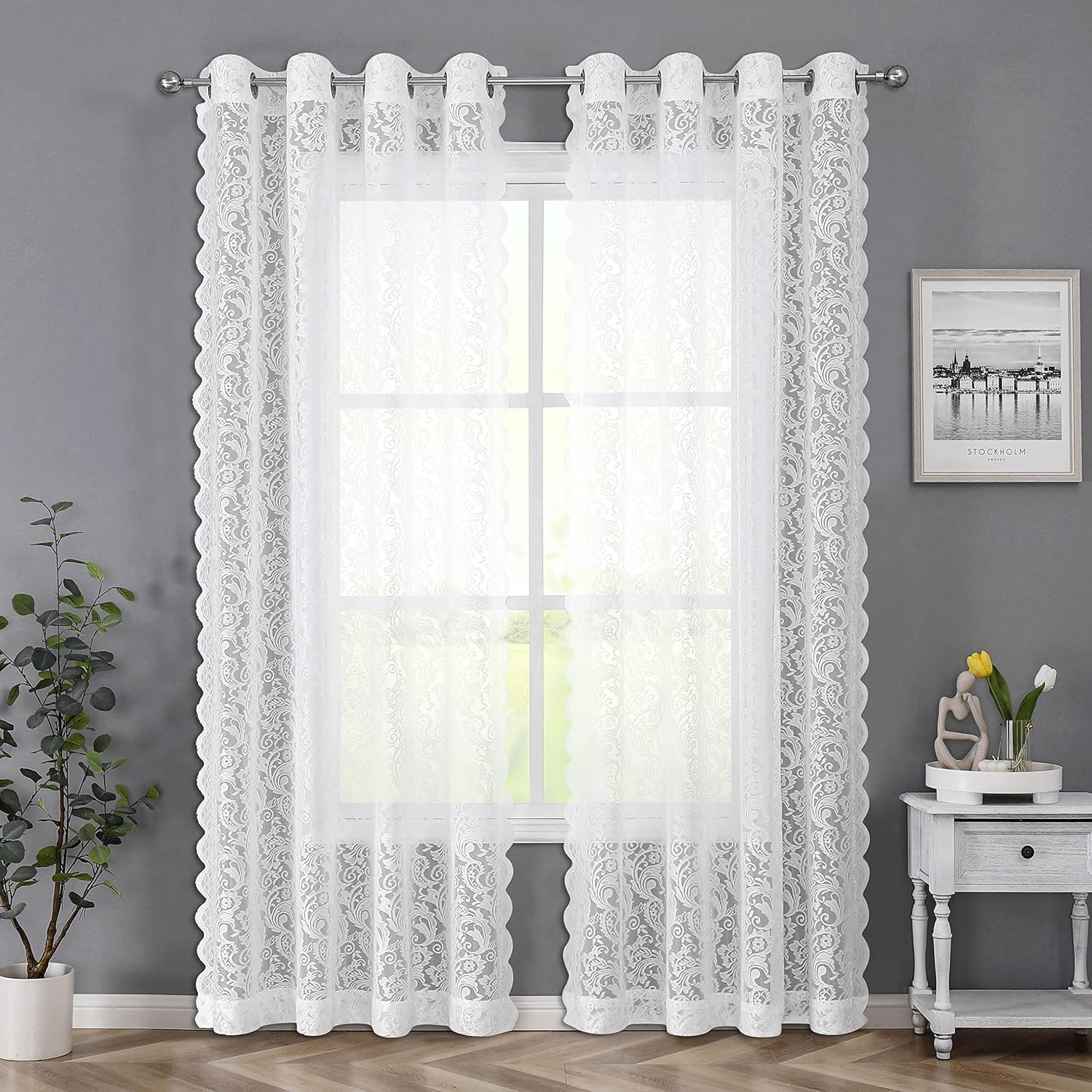 White Lace Sheer Curtains 84 inch Vintage Floral Sheer Window Curtain Panels