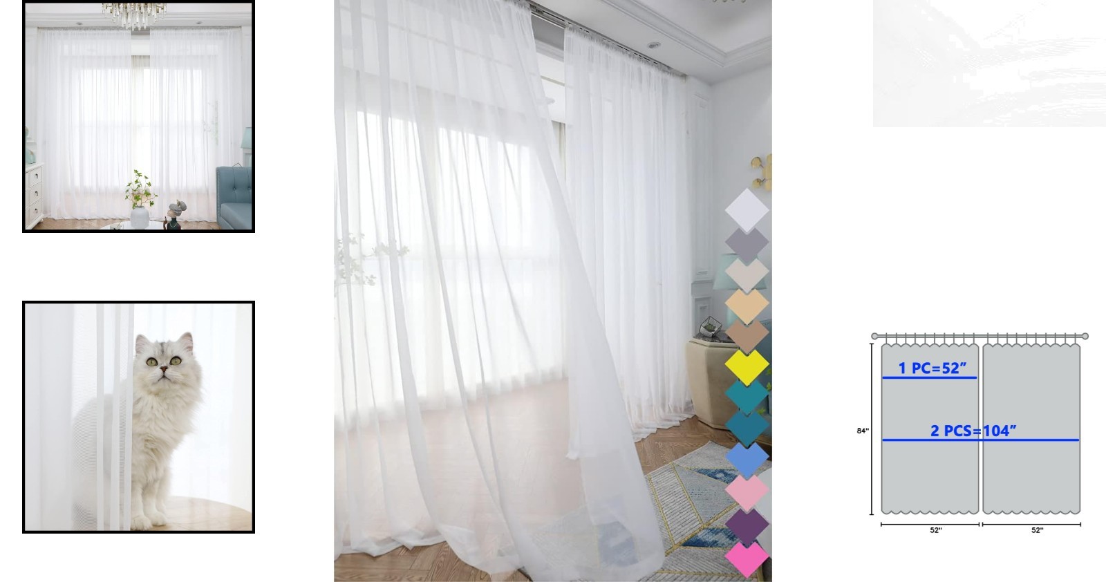 Customizable Length Sheer White Curtains – 84-Inch with Rod Pocket Style