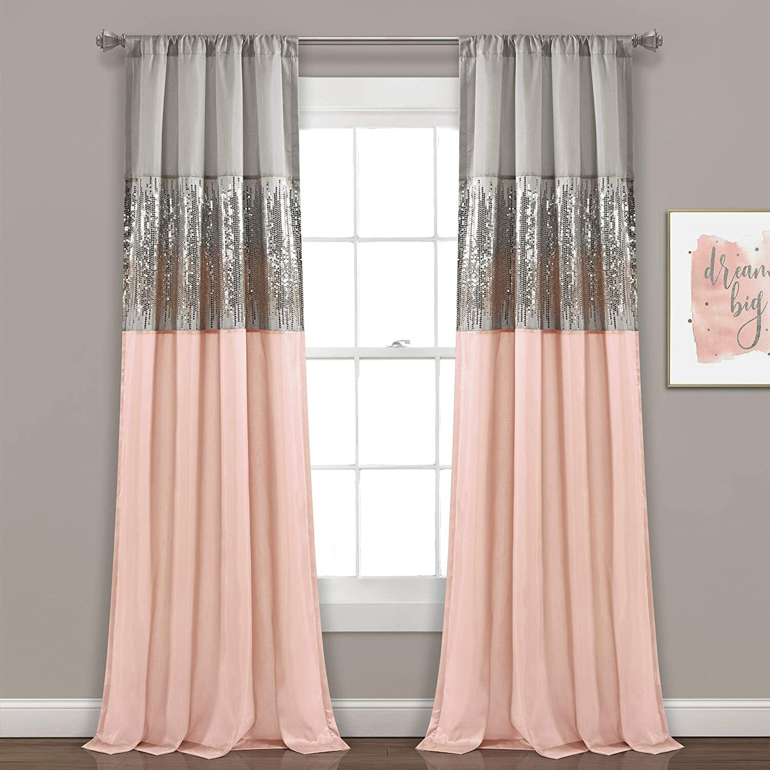 Set 2 Pink Gray Grey Sequin Striped Curtains Panels Drapes 84 in L Rod Pocket