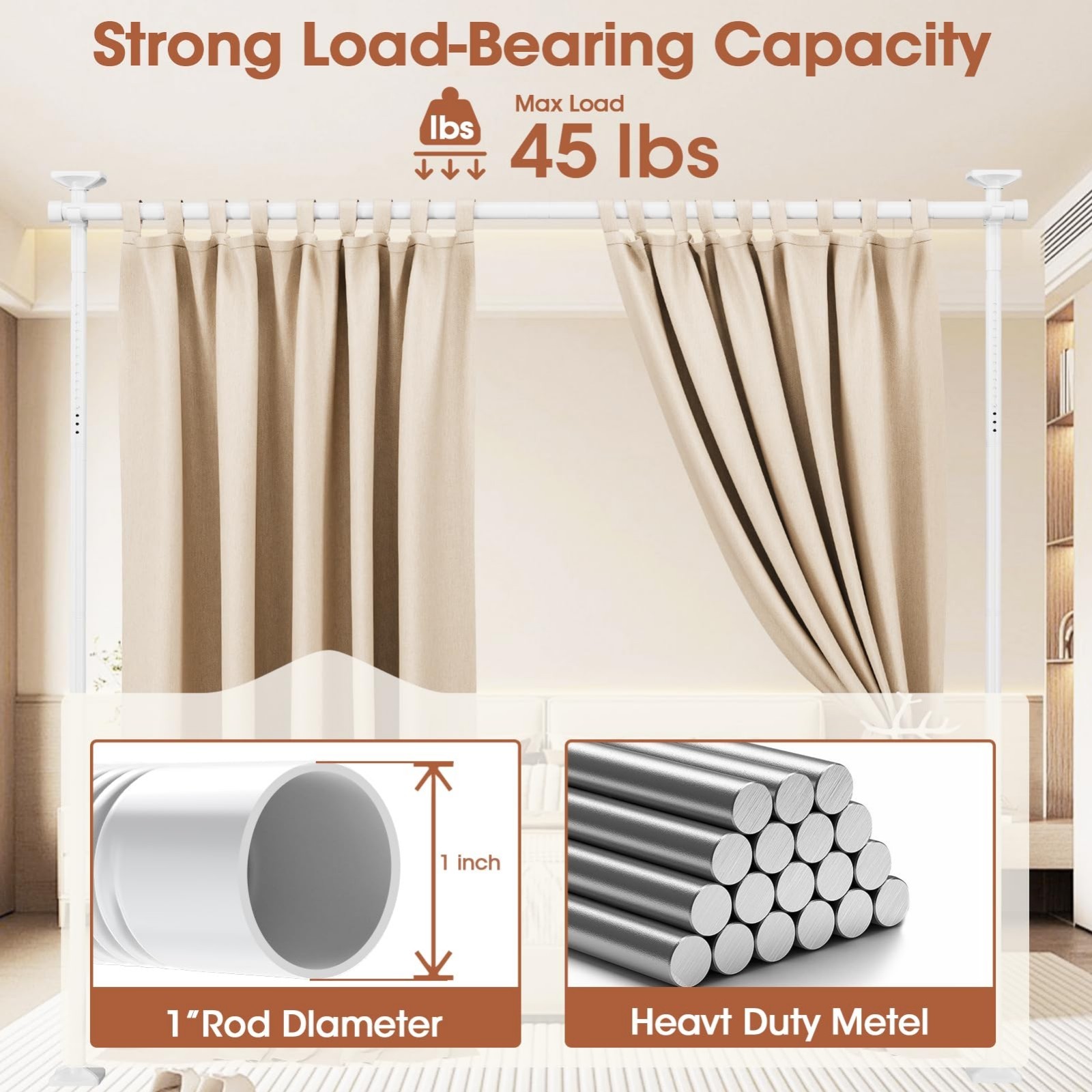 Adjustable Room Divider Curtain Rod – No Drill Wall Partition, 4-10ft Height, 28