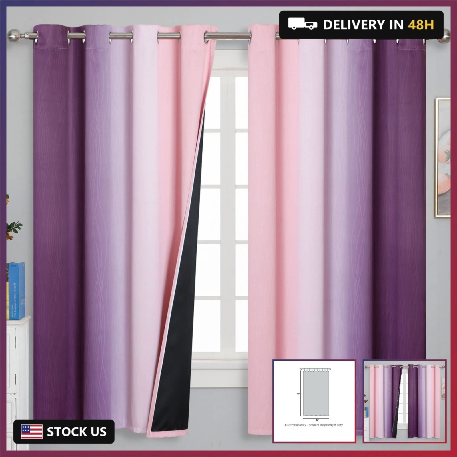 Pink and Purple Curtains 63 Inch Length 2 panels, Full Light Blocking Ombre Blac