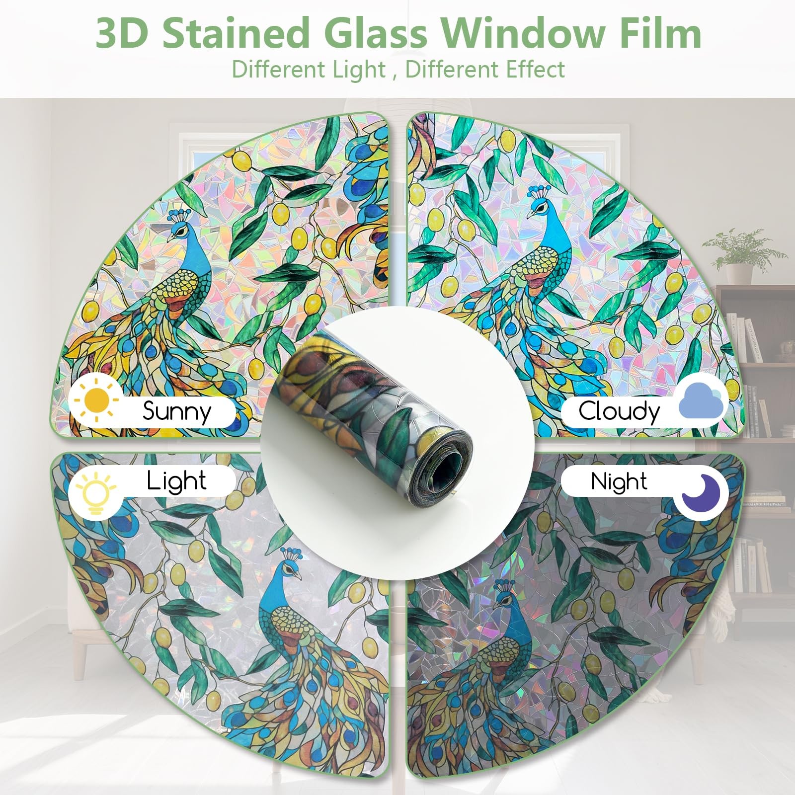Window Privacy Film, Stained Glass Sticker Floral Window Clings, 17.5” x 78.7”
