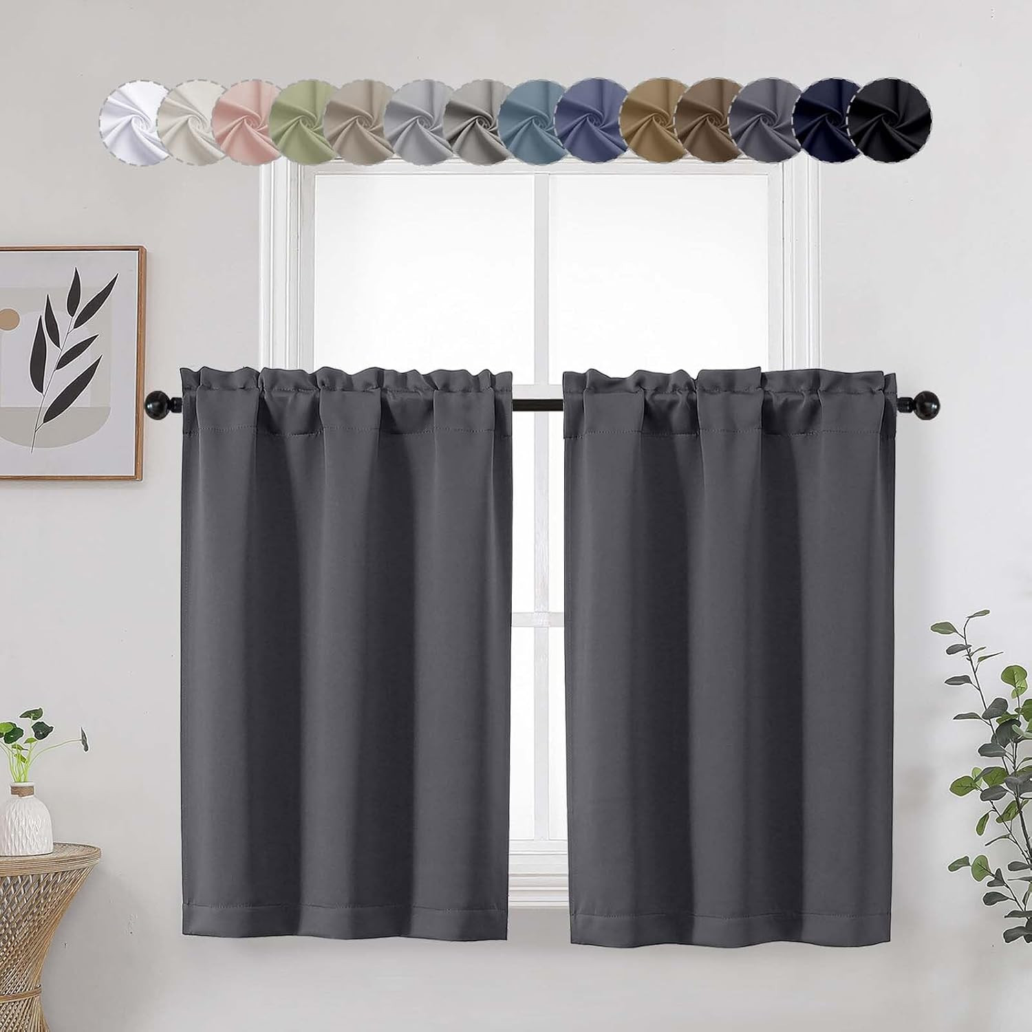 Grey Cafe Blackout Curtains Tier 36 Inch Length 2 Panels, Soft Solid Thermal Ins