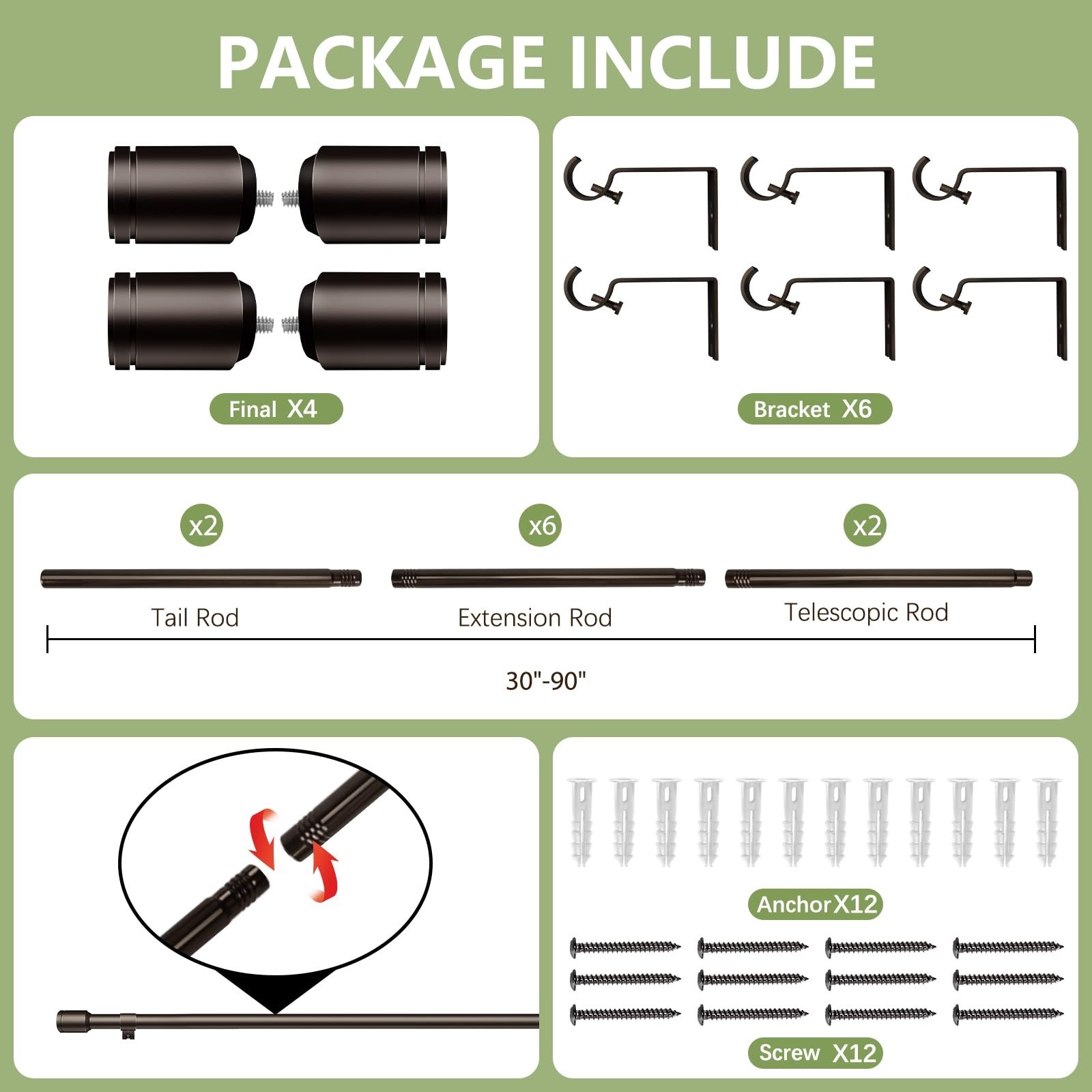 Adjustable 5/8″ Curtain Rods 30-90″ for Windows, Antique Bronze, 2 Pack with Bra